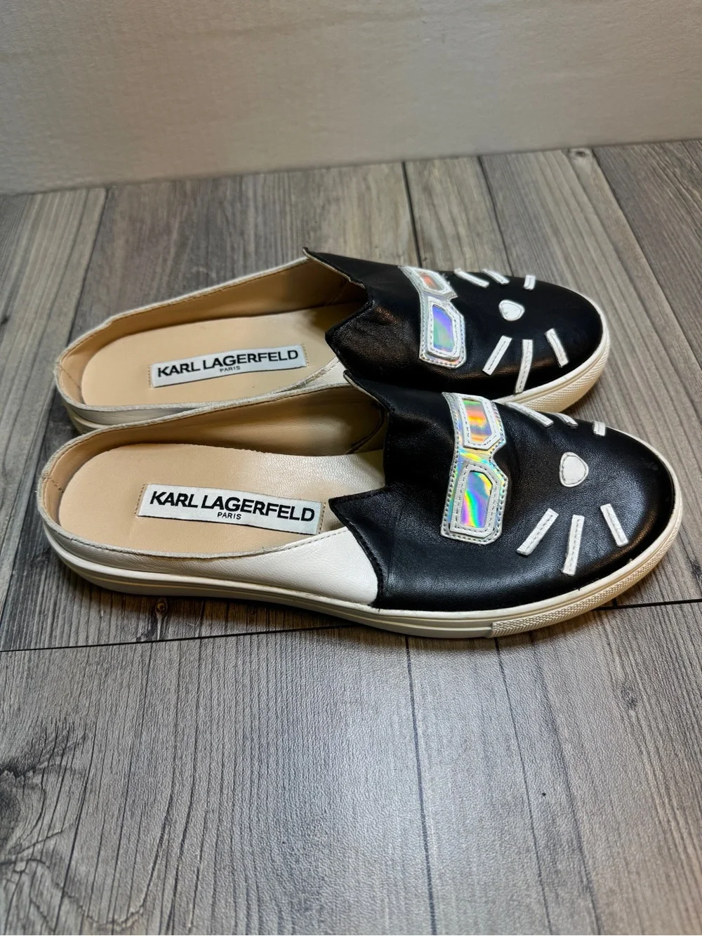 Karl Lagerfeld Paris Black white Leather Cat Mule Slides Shoes Women’s Size 5M